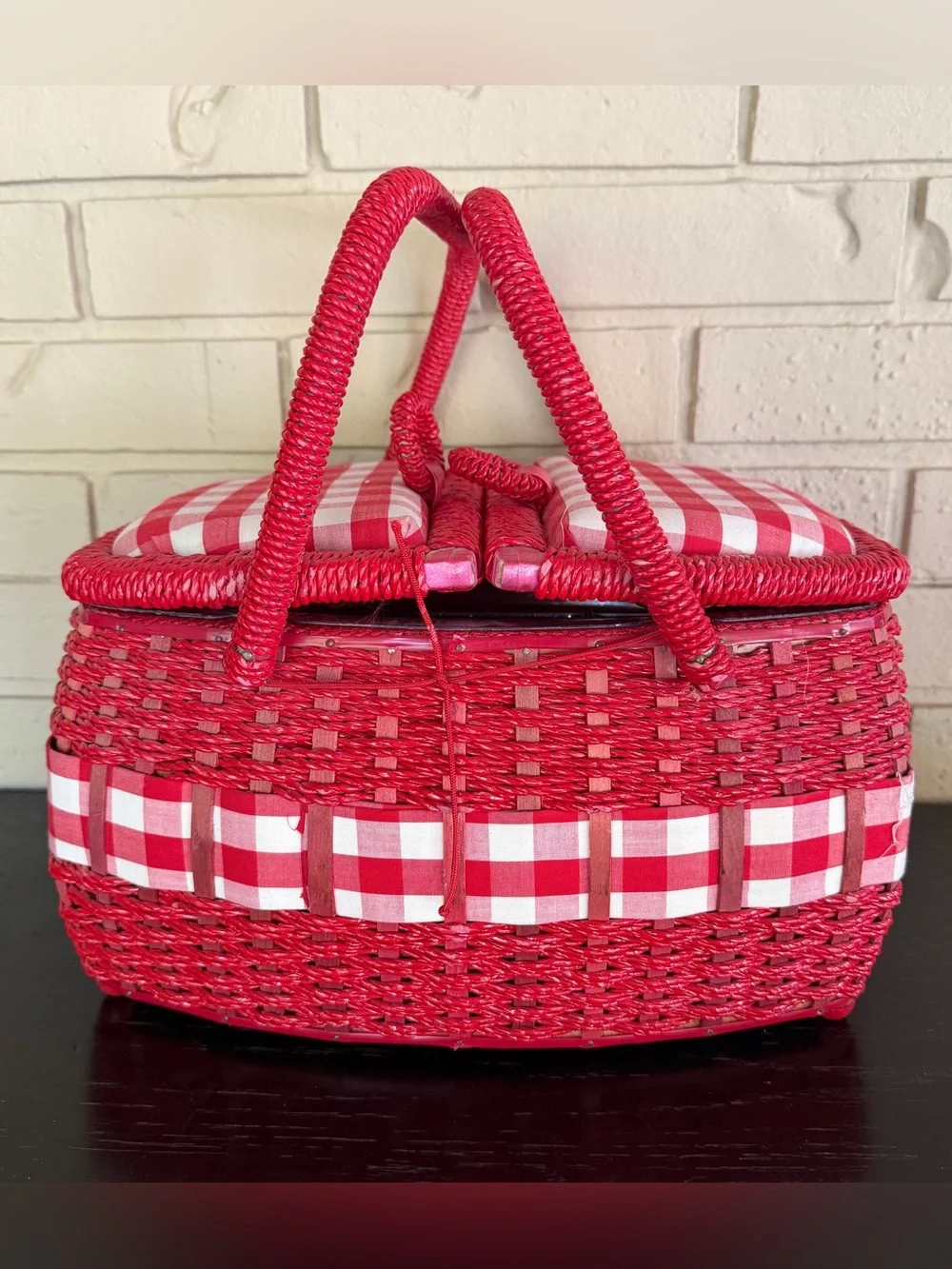 VTG JC Penney Sewing Box Caddy Basket Red Gingham Cottage Core Japan MCM Picnic